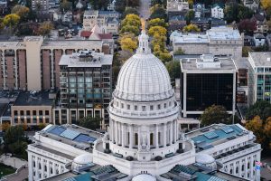 The Wisconsin State Capitol is pictured in an aerial view of downtown Madison near the University of Wisconsin-Madison campus in an aerial view during autumn on Oct. 13, 2016. 